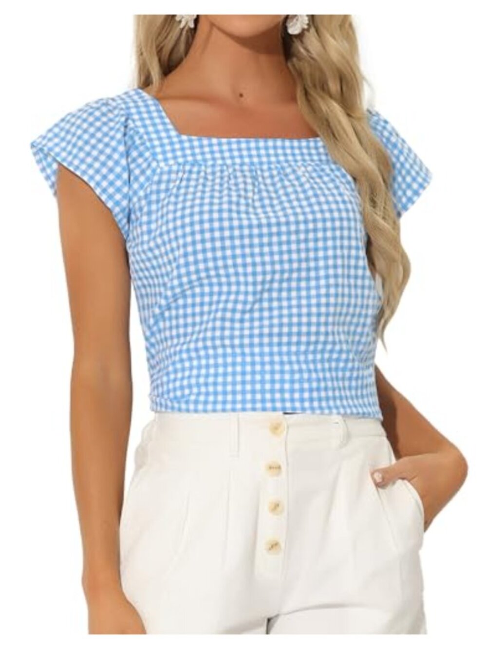 Gingham Top Cap Sleeves Square Neck Ruffle Trim Relaxed Fit Summer